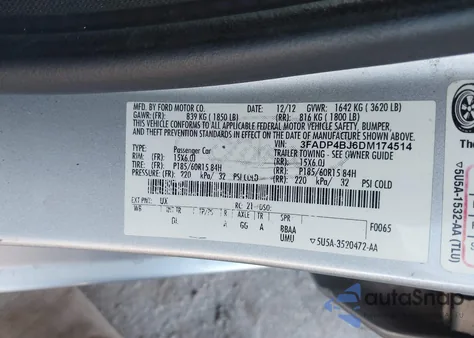 2013 Ford Fiesta Se z USA, uszkodzony, nr VIN 3FADP4BJ6DM174514
